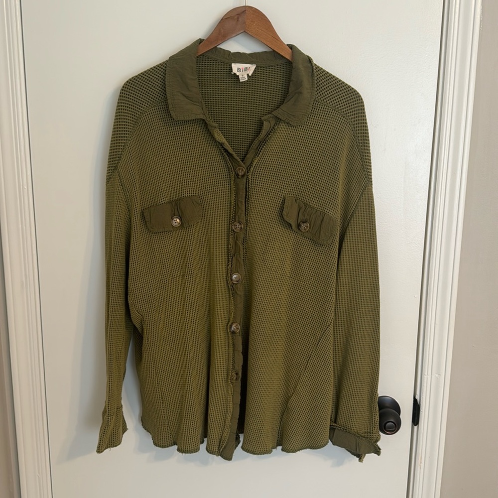 Olive Green Waffle Knit Button Up Long Sleeve Shirt
